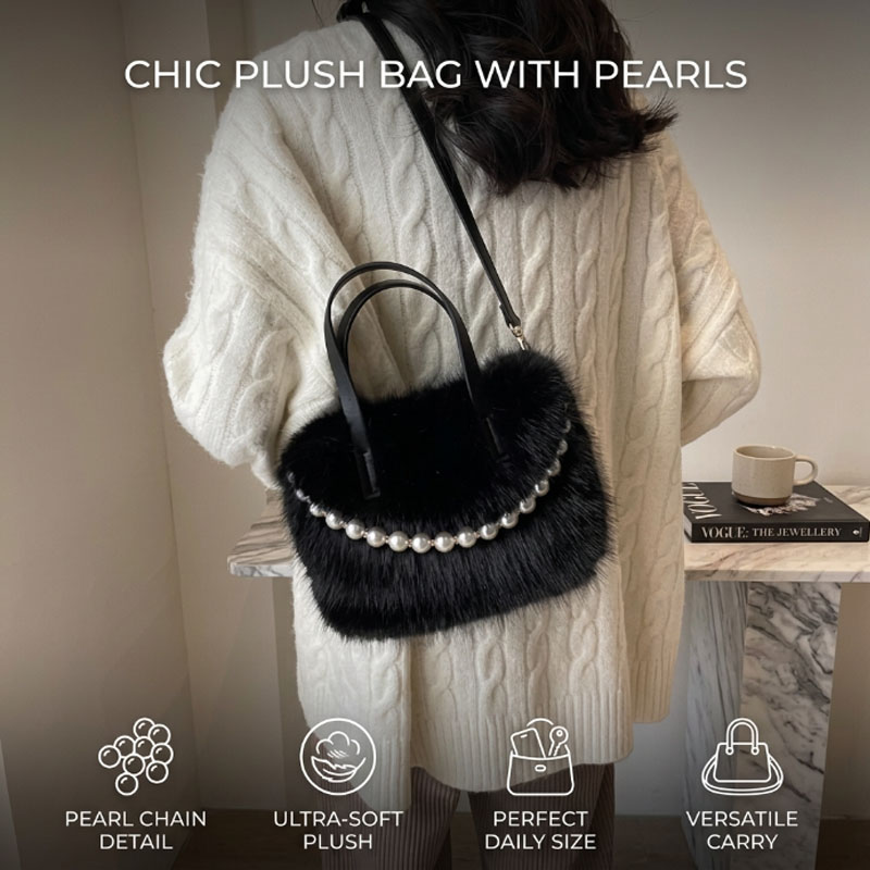 Luxury Bags Cute - 高級感のある、ふわふわのフェイクファーを使用したミニスクエア型クロスボディバッグ。パールチェーンストラップとトップハンドルが付いており、洗練された可愛らしいデザインで、女性へのプレゼントに最適です。