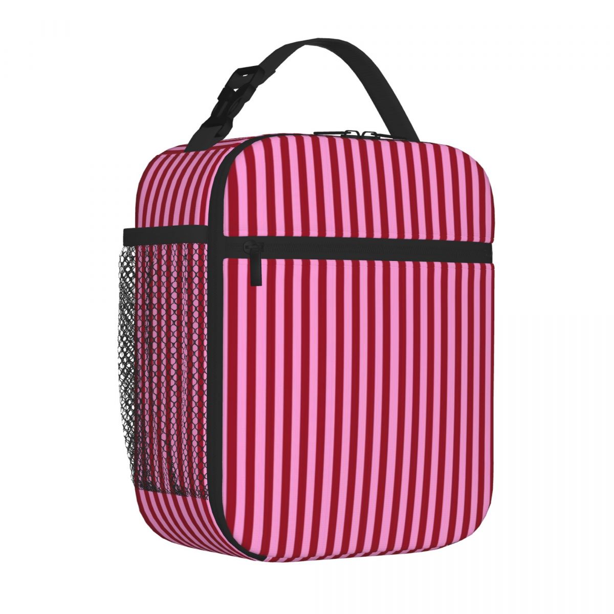 Luxury Bags On Sales - ホットセール ラズベリーレッド×ピンクストライプ柄 高級通勤用ランチバッグ 高校生向け保温トートバッグ