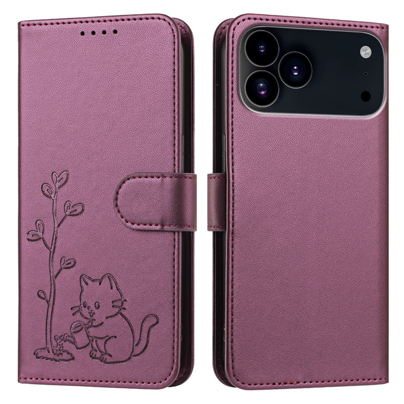猫と木柄のレザー製スマホケース iPhone 17E 16E - Luxury Bags Kl のレビューと価格
